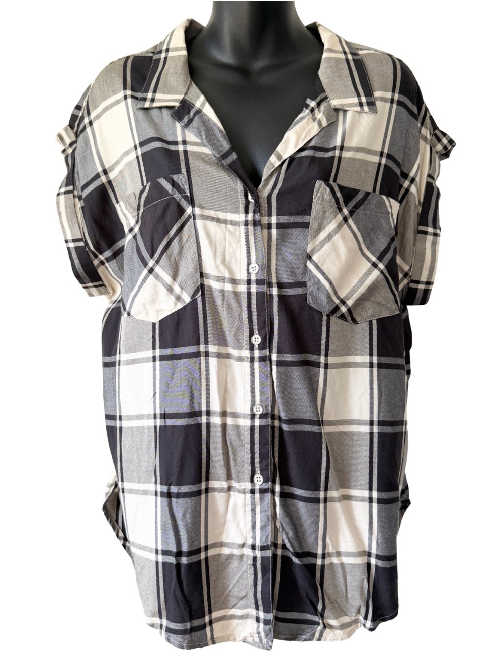 Jach's Girlfriend Black White Plaid Button Up Shirt Womens Medium Short Sleeve